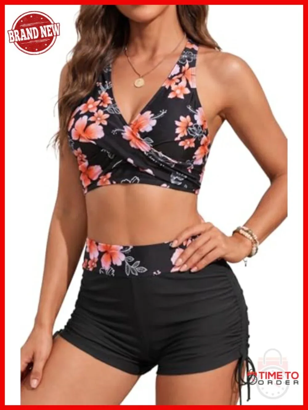 Two Piece High Waisted Bikini Set with Boyshorts Twist Front Lace Up